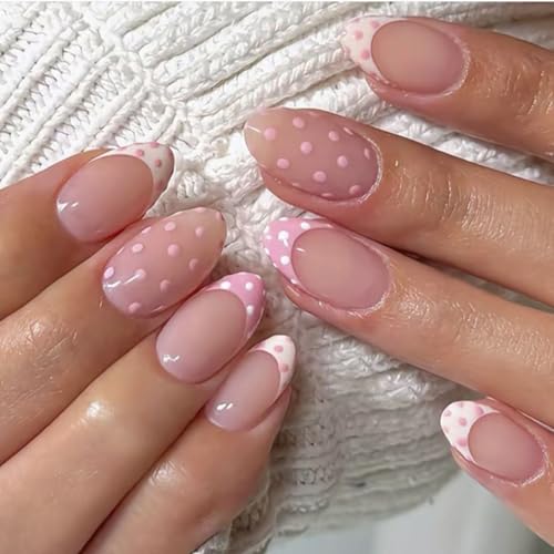Pink French Polka Dot Press on Nails Medium Almond Fake Nails Whi...