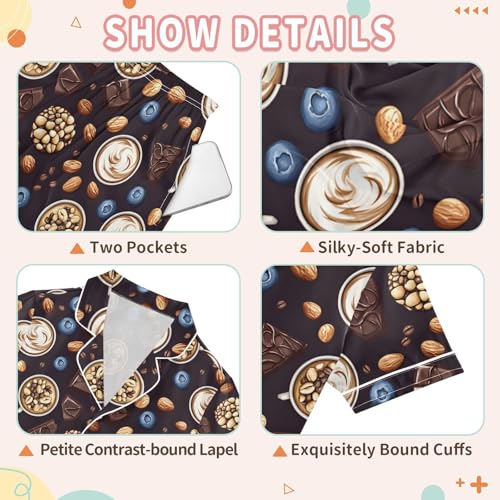 Coffee Blueberry Chocolate Print Summer Pajamas Set Soft Satin Pjs Sets 2 Piece Short Sleeve Sleepwear Casual Clothes3