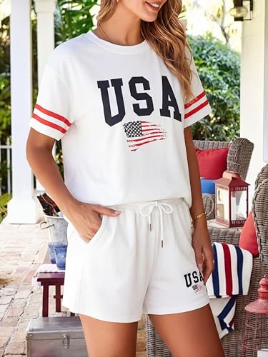 Image of VILOVE 4th of July 2 Piece Sequin Outfits Women Star Stripe Shirts and Short Sets Casual Patriotic Shirt Summer Set