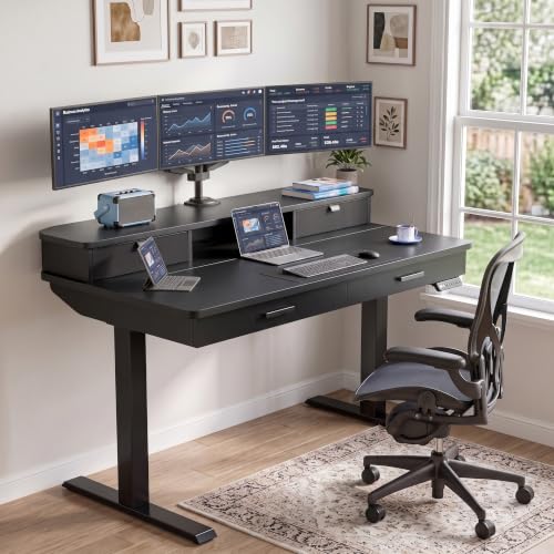 Image of HUANUO 48 x 30 inch Electric Standing Desk with 2 Wood Drawers, Adjustable Height Sit Stand Desk for Home Office, Ergonomic Stand up Desk with 4 Memory Presets, 176 lbs Capacity, Black Top