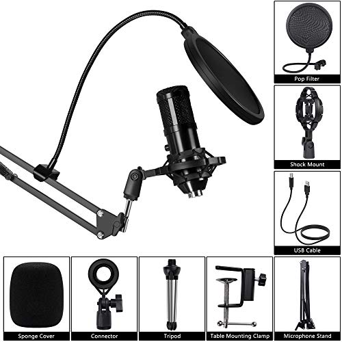 Kalawen Microfono a Condensatore USB Professionale di Registrazione per Cellulari PC Computer da Studio con Supporto da Tavolo Filtro Antipop Treppiedi