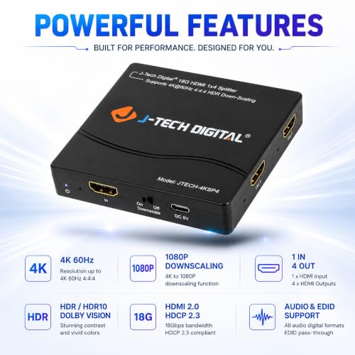 Image of HDMI Splitter 4K 60Hz 1X4 Multi-Resolution Output (MRO) by J-Tech Digital HDMI 2.0 Splitter Supports downscale HDR HDR10 / Dolby Vision 4K@60Hz 4:4:4 HDCP2.3 2.2 (JTECH-4KSP4)