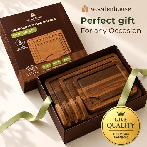 Acacia Wood Cutting Board Set of 3 with Holder & Juice Grooves by Woodenhouse - Used condition - Image 8