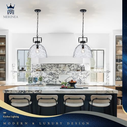 Image of 13.8 inch Black Glass Pendant Light, Hammered Clear Glass, E26 Hanging Light