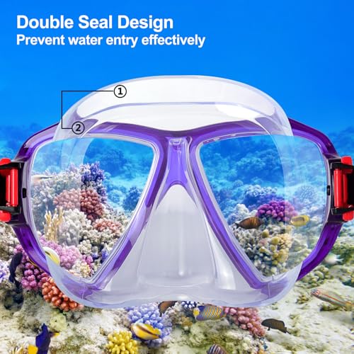 Image of Snorkel Diving Mask Panoramic HD Swim Mask, Anti-Fog Scuba Diving Goggles,Tempered Glass Dive Mask Adult Youth Swim Goggles with Nose Cover for Diving, Snorkeling, Swimming (Clear Purple)