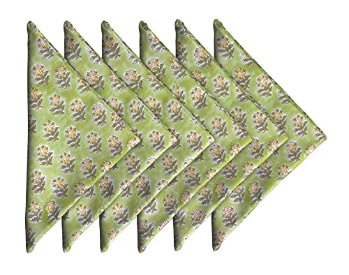 Craftbot Soft Washable Thin Cotton Dinner Napkins 18X18 Inches - Set Of 6 - Everyday Use Or Dinner Party And Events - Green And Yellow Floral Lightweight Indian Block Print Fabric #TOP30
