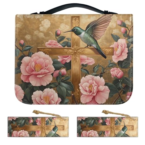 Large Hummingbird Cross Pu Leather Bible Tote For Women, Church Bag With Handle Bookmark, Stylish Floral Design