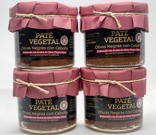 Paté de Olivas Negras con Cebolla - Olivada-Tapenade (Pack de 4 x 115g.) Oliva de Aragón- Elaborado con Aceite de Oliva Virgen Extra-Untable Gourmet 100% Vegetal y Artesano