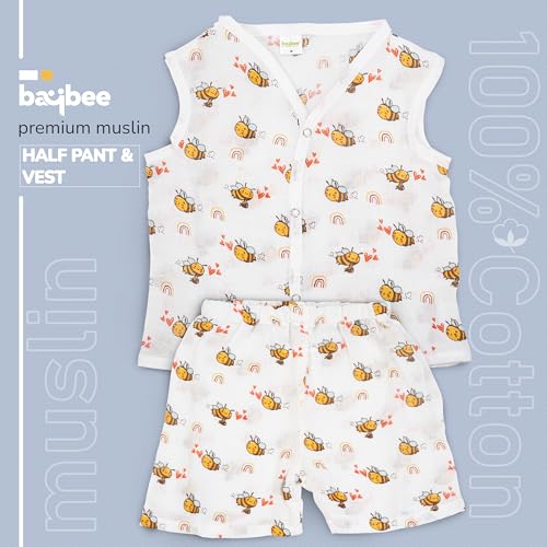 Image of BAYBEE 100% Muslin Cotton New Born Baby Clothes for Kids | Sleeveless Summer Wear with Soft & Breathable | Shirt and Shorts Set | Jablas for Baby Girl Boy Dress