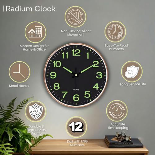 Image of STAR WORK 12 inch Inch Silent Wall Clock - Wood Finish Analog Clock with Gold Numerals, Non-Ticking Quartz Movement, Modern Decorative Wall Clock for Living Room, Bedroom & Office. (R - Black)