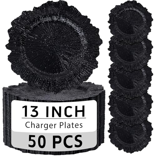 ejonirinjonir EI 50pcs Black Charger Plates With Reef High-end,13 Inch Black Chargers Heavy duty for Dinner Plates,Decorative Plate for Hallowmas,Wedding,Events