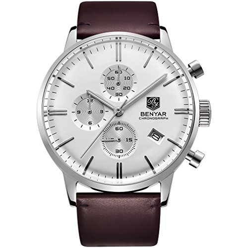 benyar Cronógrafo Resistente al agua muñeca relojes Business Casual hombre correa de piel banda