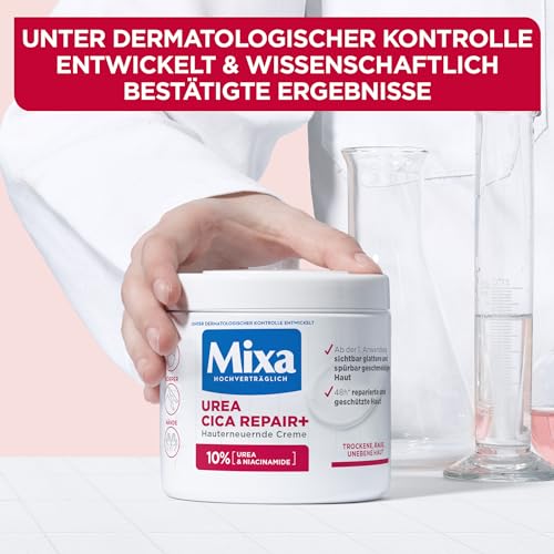 Mixa Urea hauterneuernde Creme mit Urea & Niacinamide, für trockene und raue und unebene Haut, repariert und glättet, Feuchtigkeitspflege für den Körper, Hände und Gesicht, Urea Cica Repair+, 400 ml – Bild 3