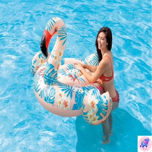 Image of Ride-On Air Inflatable Swimming Pool Ring for Kids| Children Safety Rider Tube Float for Water Fun |Floater Raft Lounger Mattress for Adults with Handles (Age 3+) (Tropical Flamingo)