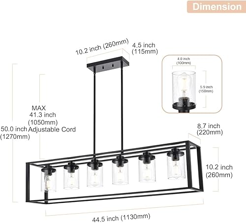 Miniatura 4 de Iluminación de isla de cocina de 6 luces con vidrio sembrado, lámpara colgante lineal moderna rectangular para comedor mesa de billar