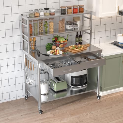 Image of Stainless Steel Table with Drawer & Shelf, 48 inchx24 inch Kitchen Prep Table | Heavy Duty Commercial Work Table, Kitchen Island Prep Station with multi function
