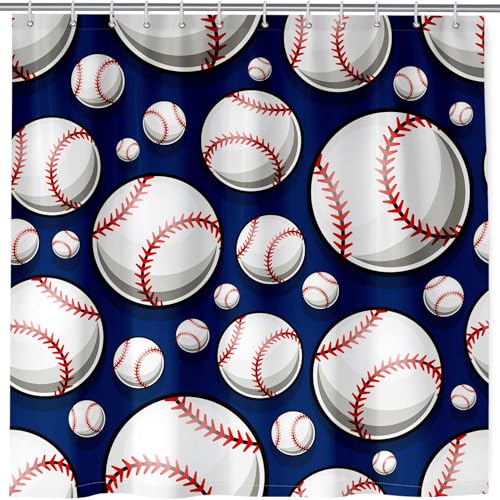 ANHOPE Baseball-Duschvorhang, wasserdichtes Polyestergewebe, Badezimmervorhang, Sportthema, Bälle, Badewannenvorhang, schimmelresistent, Baddekor-Set mit 12 Haken, 180 x 200 cm