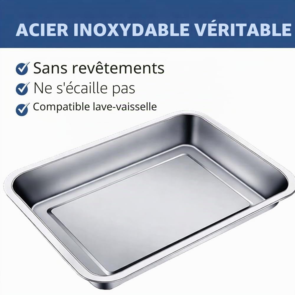 Plat de cuisson professionnel en acier inoxydable – Antiadhésif et résistant – Taille 45 x 35 x 4,8 cm – Idéal pour la cuisson et le service