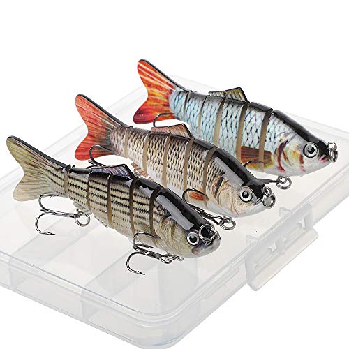 HXC Leurres de pêche multi-articulés - Leurres de pêche au brochet avec boîte en plastique - Appâts de pêche artificiels 3D - 10,2 cm - 3 pièces Cover