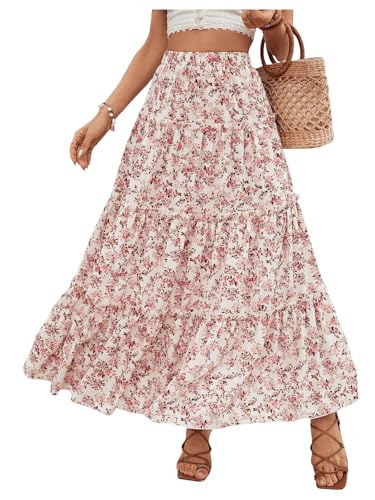 Verdusa Women's Floral Print Long Skirt Tiered Layered Ruffled Flowy Maxi Skirt Multicolor Small