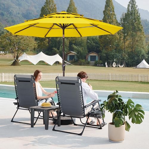 Image of JEAREY 9FT 3 Tier Patio Umbrella Outdoor Market Umbrella Table Umbrellas with 8 Ribs 1.5 Pole Push Button Tilt and Crank UV Protection for Garden,Backyard,Yellow