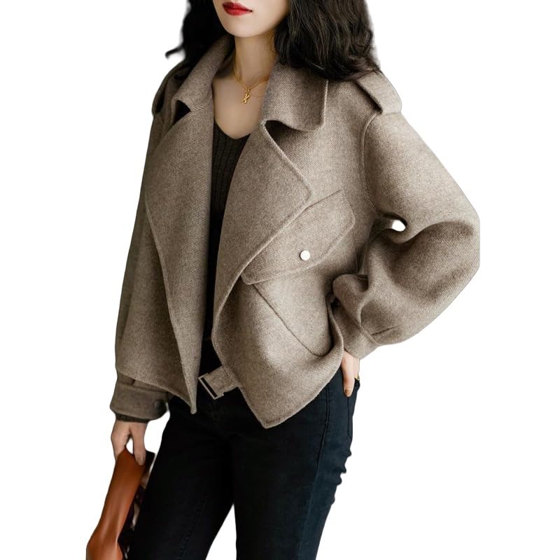 Generisch Damen Wollmantel Kurz Winter Warm Jacke Revers Cabanjacke Offene Vorderseite Trenchcoat Winddichte Wolljacken mit Taschen M