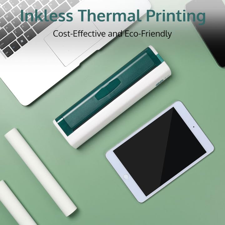 Image of OFFNOVA Portable Printer Wireless for Travel, Thermal Inkless Printer, Support US Letter & A4 Size, Compatible with iOS, Android, Laptop with 1 Roll 8.5 inch x 11 inch Thermal Paper, for Mobile Office, Green