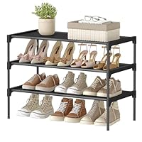 SONGMICS 3-Tier Shoe Rack, Shoe Storage Organiser, Hallway, Space-Saving, 29.7 x 62.3 x 53.5 cm, Metal Frame, Non-Woven Fabric Shelves, Ink Black LSH023BH01