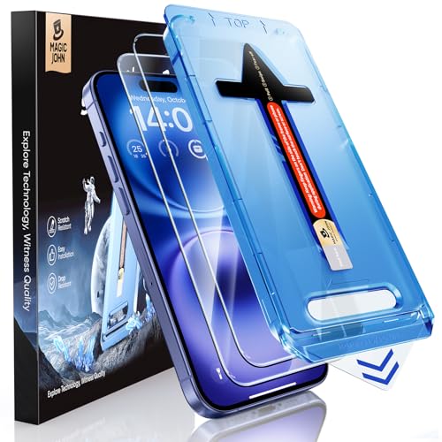 Image of MAGIC JOHN 2 Pack for iPhone 16 6.1 inch Tempered Glass Screen Protector (Not Pro), Auto Dust-Elimination, Bubble Free, Easy Installation, HD Clear
