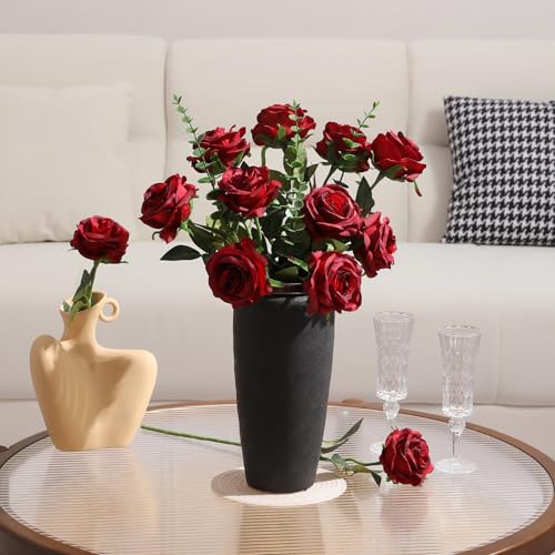Image of Tifuly 12 PCS Rose Artificial Flower, Single Stem Fake Flowers Bridal Wedding Bouquet, Realistic Blossom Flora for Home Garden Party Hotel Office Decorations (Gradient Burgandy)