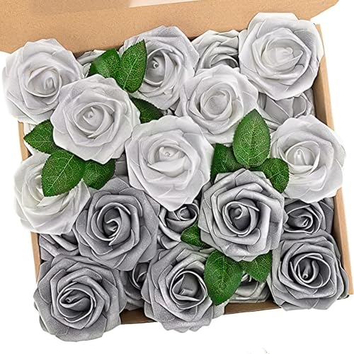 Artificial Flowers Real Touch Fake Foam Roses with Stems Decorations 50Pcs