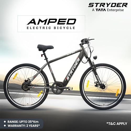 Image of Stryder Amped 27.5T Electric Cycle for Men & Women 36V Internal Battery Upto 35km Range Waterproof LCD Display EN06 Dual Disc Brakes Front Suspension || Height 5.4 to 6 feet (Grey)