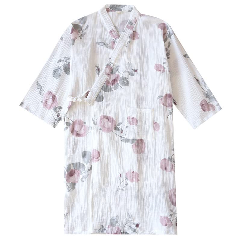 KARZUKI Women's Gauze Cotton Bathrobe, Japanese Style, Nightgown, Yukata, Pajamas, After Bath, Room Wear, Sleepwear, Gown, Kimono, Cute, Floral Print, Colorful, Thin, Loungewear Medium White-3