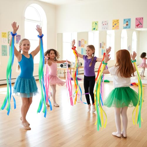 Image of VioraWhite 12 Pcs Rainbow Dance Ribbons for Kids Rainbow Rhythm Ribbons Elastic Wrist Streamers Hand Held Rhythm Streamers Gymnastics Dance Party Props for Adult Decor (0.8 x 39.4 Inch,Multicolor)