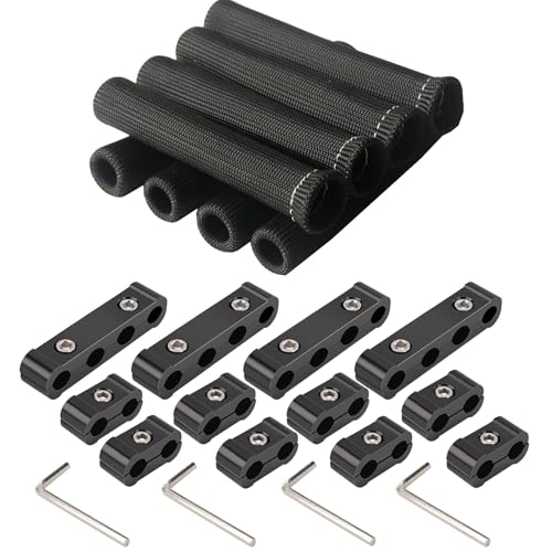 Baieasy 12pc Engine Spark Plug Wire Separator Divider & 8pc Spark Plug Wire Boots Protector Heat Sheild Sleeve 8mm 9mm 10mm Spark Plug Wire Clamp Holder Aluminum Alloy Ignition Wire Divider Black