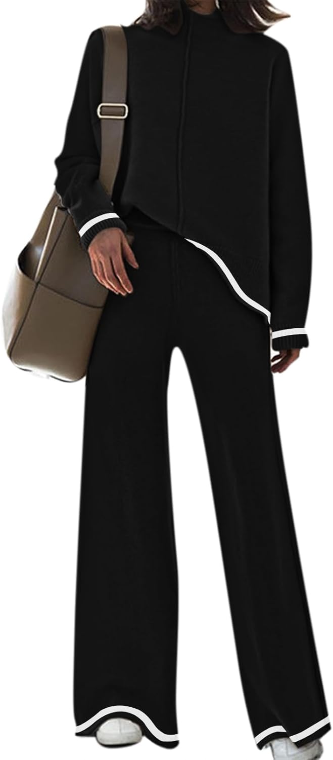 Fixmatti 2 Piece Lounge Sets for Women Long Sleeve Knit Sweater Top and Wide Leg Pant Set Sweatsuit
