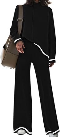 Fixmatti 2 Piece Lounge Sets for Women Long Sleeve Knit Sweater Top and Wide Leg Pant Set Sweatsuit