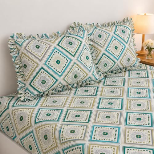 Image of 350 TC Premium Heavy Cotton Feel Elastic Fitted Bedsheet King Size with 2 Frill Pillow Covers King Size || Double Bed with All Around Elastic (White Geometric, King)