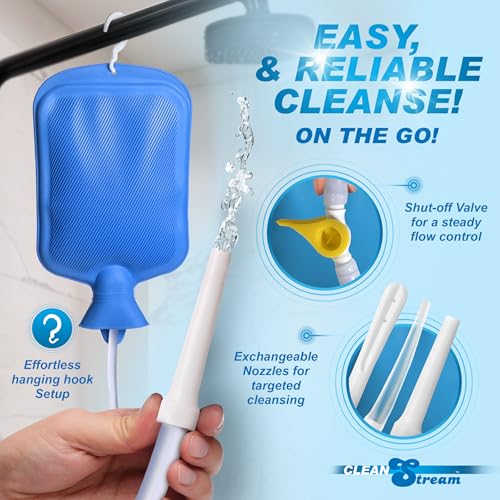 Image of Cleanstream Deluxe Shower Enema Kit for Men, Women. Large Bag Capacity, Adjustable Control Valve, 5Ft Hose with 3 Unique Tips, Easy to Use. 13 Pieces, 1 Set, Blue.