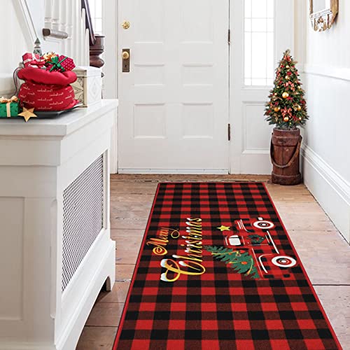 Falfor 2'X6' Christmas Runner Rugs For Hallway Non Slip Buffalo Plaid Entryway Runner Rug Low Profile Indoor Floor Carpet Runner For Kitchen Bedroom Laundry Bathroom(Christmas Car, 2.1' X 6') #TOP6