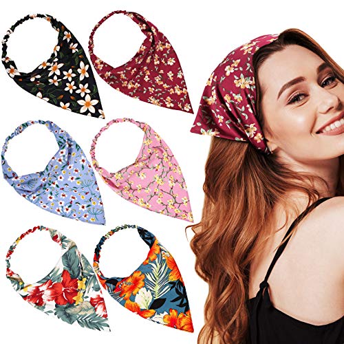 6 Pieces Floral Elastic Hair Scarf Headband Chiffon Head Kerchief Head Scarf Floral Printed Turban Boho Headbands Hair Bandanas with Hair Clips for Women Girls Hair Accessories (Fresh Flower)