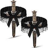 2 Stück Halloween Strumpfband mit Schleife Pirat Dolch Beinstrumpfband mit schwarzer Spitze Bow Garter with Pirate Dagger Stretch für Cosplay-Kostüm Party Dress up Props