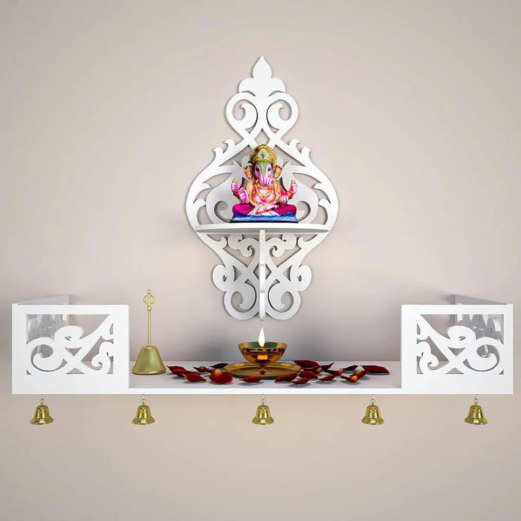 Beautiful Wall Hanging Wooden Temple/Pooja Mandir Design with Shelf, White Color Design - 15