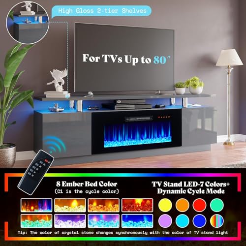 Image of AMERLIFE Fireplace TV Stand with 36 inch Fireplace, 70 inch Modern Fireplace Entertainment Center LED Lights, 2 Tier TV Console Cabinet for TVs Up to 80 inch, Grey