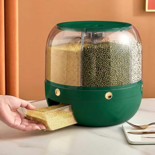 Image of Rotating Grain Dispenser for Kitchen | Multi-Compartment Food Storage Container with 6 Sections | 360 Dry Food and Cereal Organizer for Rice, Pulses, Cereal, Flour, Grains, Seeds (Green)