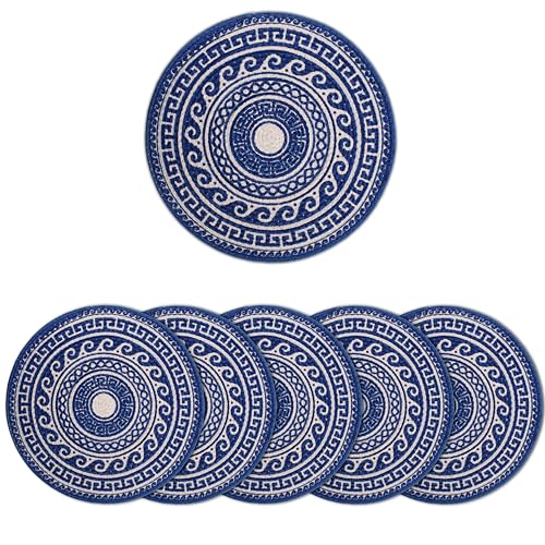 Image of Dining Table Mats Set of 6 | Cotton Table Mat 32 cm Diameter, Encasa XO Washable Round Table Mats, Heat Resistance Dining Table Placemats, Handmade Ribbed Style for Centre Table, Blue Mandala Print