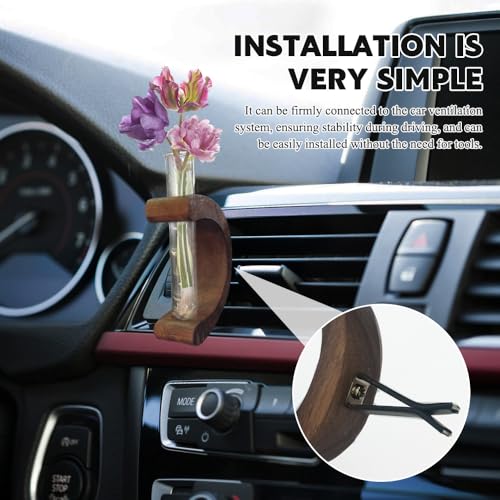 Image of Little Glass Flower Vase Air Vent Clip, Car Flower Vent Clip, Cars Vase Vent Clip Plant Holder, Universal Auto Interior Wooden Ornament Decoration Accessories for Women (Black Walnut)