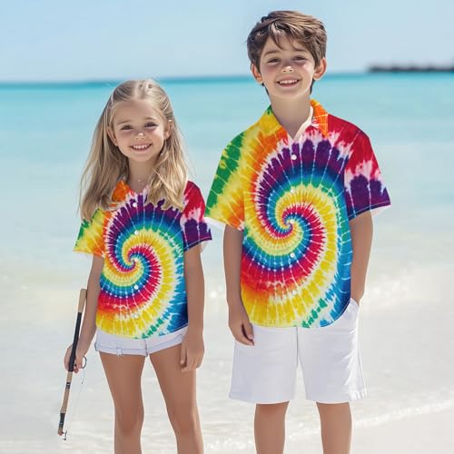 Image of Kids Tie-dye Hawaiian Shirt 80s Button Down Retro Short Sleeve Casual Beach Tropical Funny Party Outfits for Boys