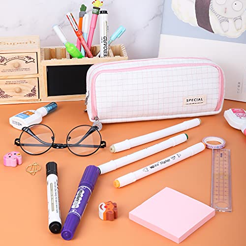 Image of iSuperb Large Pencil Case Big Capacity Pencil Pouch 3 Compartments Pen Bag Canvas Marker Pen Bag for Teen Boys Girls School Students (Plaid Pink)