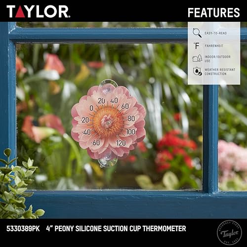Image of Taylor Peony Dial Thermometer, 4-Inch Indoor Outdoor Silicone Suction Cup Thermometer, Weather-Resistant Temperature Gauge for Patio, Pool, Garden, or Garage, Pink